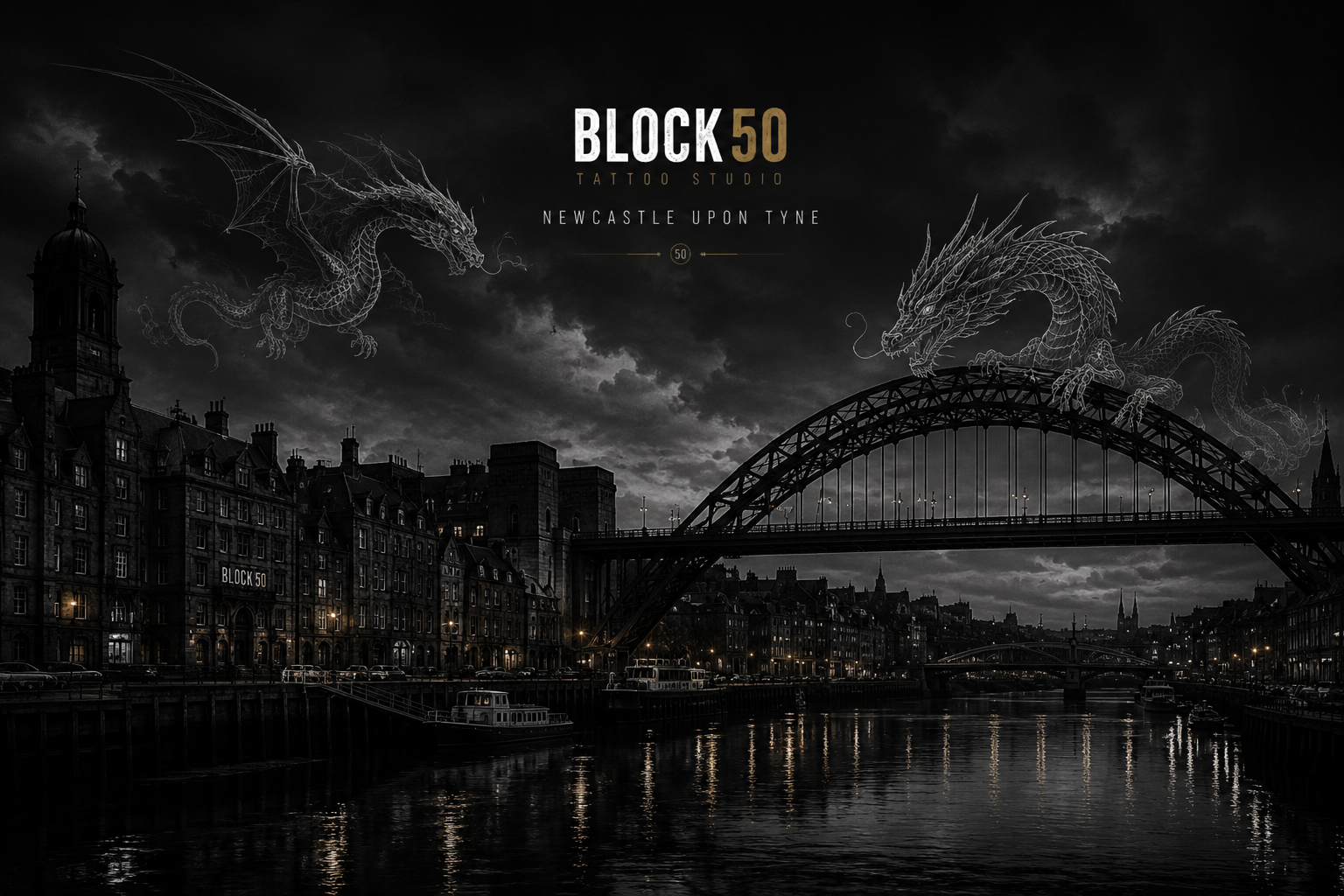 Block 50 tattoo studio artwork showing Newcastle upon Tyne, the Tyne Bridge, and two white outline dragons.